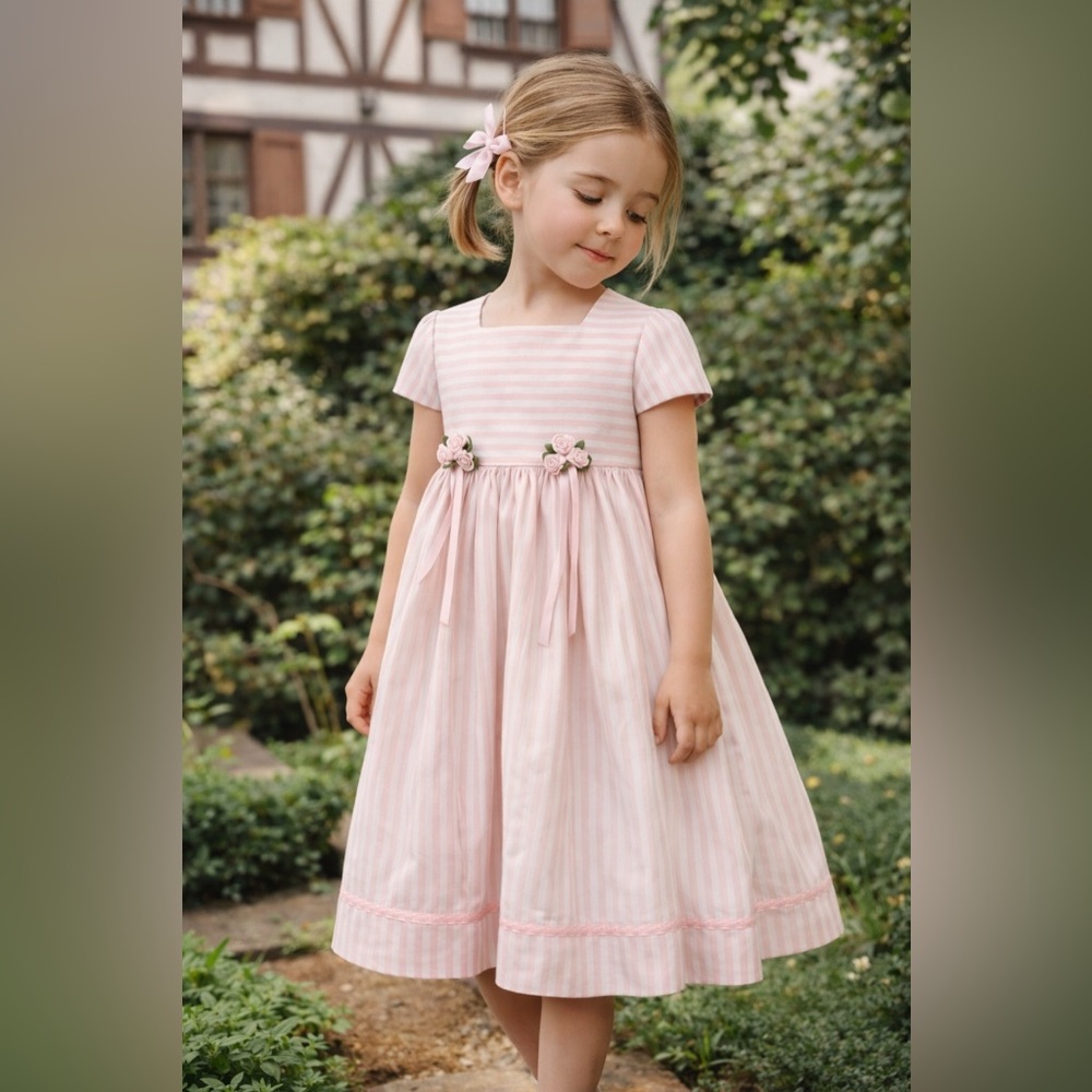 Vintage Plum Pudding Ballet Pink Striped Dress w/ Satin Rosettes, 4, MSRP $85